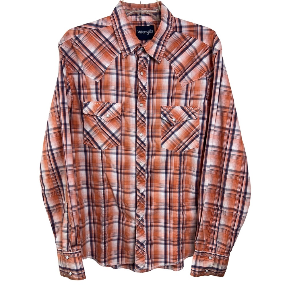 Wrangler Western Shirt Mens Large Orange Plaid Pearl Snap MVD274M Long Sleeve D1